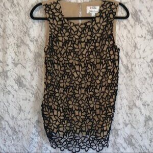 Lela Rose Neiman Marcus Silk Cotton Sleeveless Top Tan Black Embroidery Size S